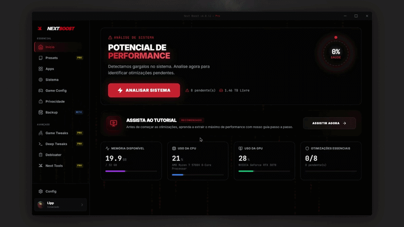 NextBoost PRO Dashboard - Painel de controle principal